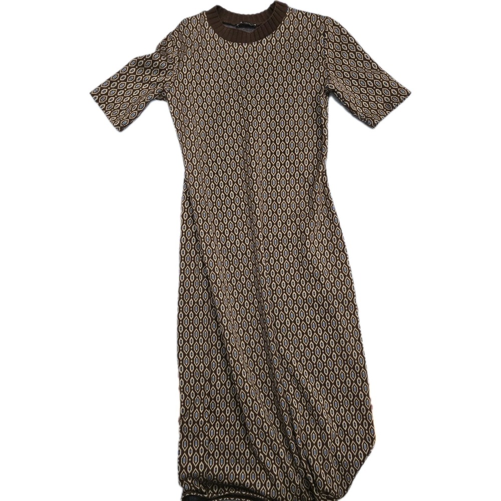 ZARA Knit Midi Dress Brown Blue‎ Geometric Pattern Short Sleeve Sweater Dress...